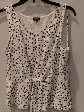 Talbots White Tank Top with Black Leaf Print and Front Tie